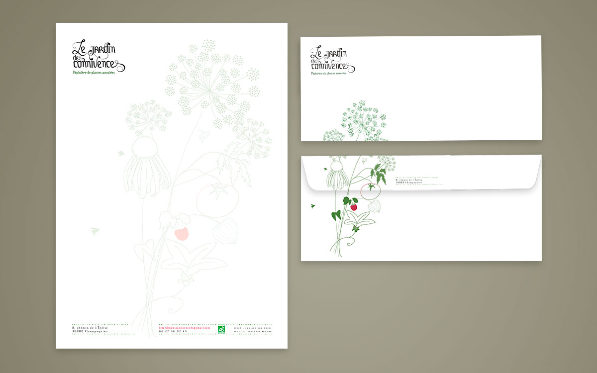 Création design papier en-tête et enveloppes du Jardin des connivences, pépinière biologique