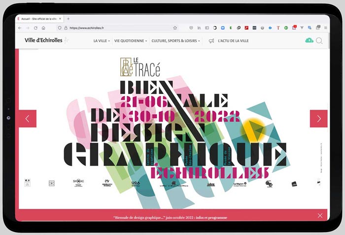 Création identité visuelle Biennale de design graphique Échirolles 2022, déclinaison du visuel pour support digital, ici format slider site Web ville Échirolles