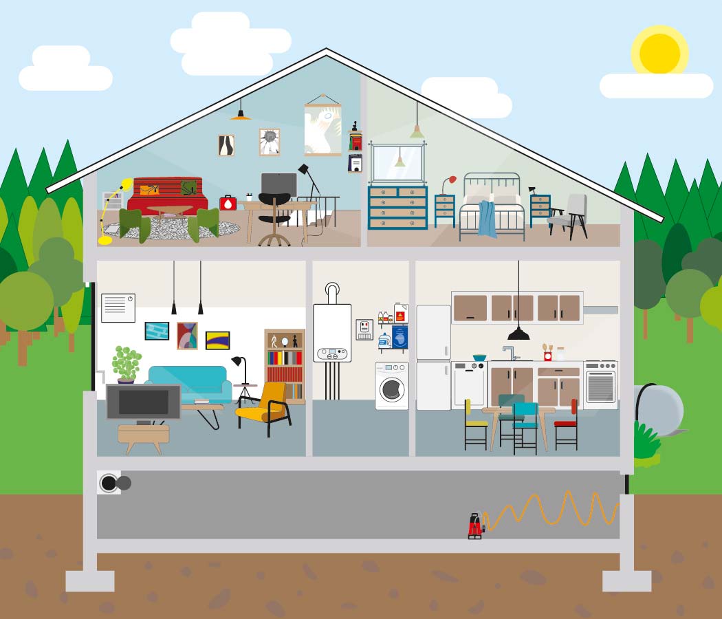 Création illustration intérieur maison de poupée en flat design pour illustrer la préfention de son habitat des inondations